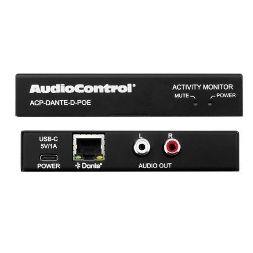 DECODER DANTE DIGITAL AUDIO TO ANALOG RCA L/R POWERED BY POE OR USB-C CONNECTION