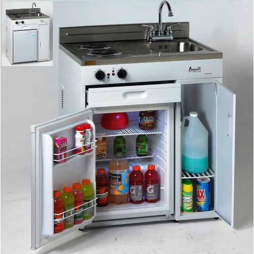 COMPACT KITCHEN 30" 2.2 CF REFRIGERATOR WITH STAINLESS STEEL COUNTERTOP SINK 2 HEATING UNITS