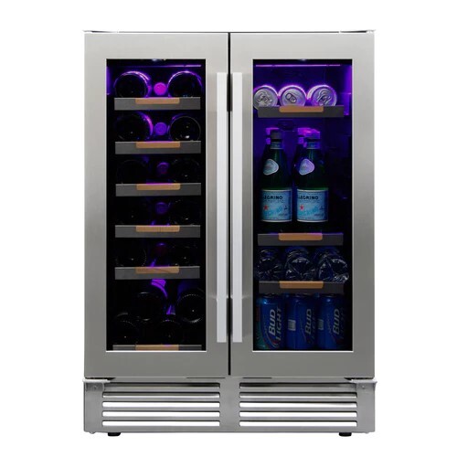 WINE CHILLER 19 BOTTLE 56 CAN WOOD AND STAINLESS STEEL PULL OUT SHELVES PROGRESSIVE LIGHTING