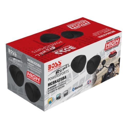 SPEAKERS MARINE BLACK CHROME MOTORCYCLE/ATV SOUND SYSTEM W/BLUETOOTH AUDIO STREAMING, 1 PAIR OF 3" W