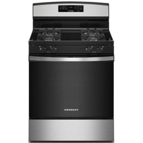 RANGE 5.0 CF GAS BLACK SELF CLEAN CROSLEY WINDOW 4 BURNERS EASY TOUCH ELECT CONTROLS