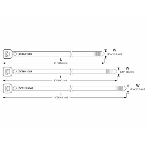 CABLE TIES 8" X 0.14" BLACK NYLON SELF LOCKING CABLE TIE (100/BAG)  (I14)