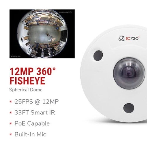 CAMERA 12MP IP AI INDOOR/OUTDOOR 360 SPHERICAL DOME 1.85MM FISHEYE LENS 30 FT IR MICROPHONE/POE