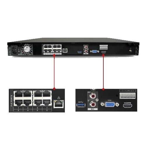 RECORDER NVR 8 CHANNEL IP 1U RACKMOUNT 2HDDD UP TO 8MP/ 30FPS, 8 PORT POE 2TB