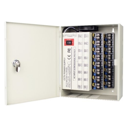 POWER SUPPLY WALL MOUNT - 16 OUTPUTS, 12 VDC, 32 AMPS, REGULATED, INDIVIDUALLY FUSED (PTC)