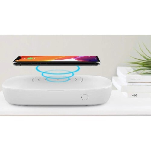 WIRELESS CHARGER AND UVC SANITIZING BOX FOR PHONES 10 W QI-CERTIFIED WIRELESS CHARGING PAD, WHITE