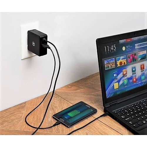 CHARGER WALL ADAPTER USB-C UP TO 60 W) USB-A CHARGING PORT (UP TO 2.4 A) BLACK