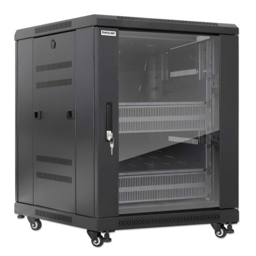 RACK CABINET 12U PRO LINE WITH INTEGRATED FANS 2 RACK SHELVES / CASTERS AND FEET / TEMPERED GLASS DO