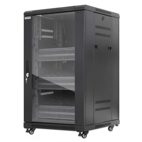 RACK CABINET 18U PRO LINE WITH INTEGRATED FANS 3 RACK SHELVES / CASTERS AND FEET / TEMPERED GLASS DO