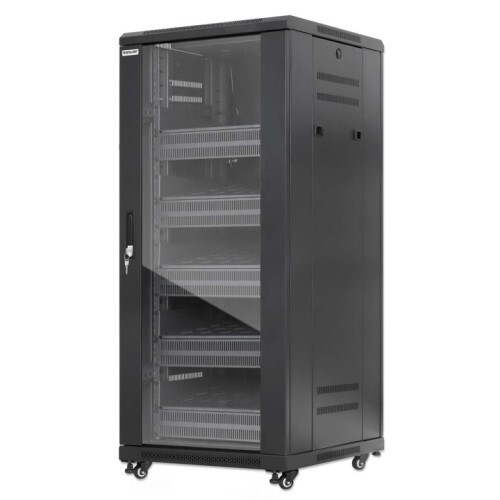 RACK CABINET 27U PRO LINE WITH INTEGRATED FANS 5 RACK SHELVES / CASTERS AND FEET / TEMPERED GLASS DO