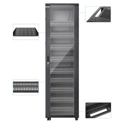 RACK CABINET 42U PRO LINE WITH INTEGRATED FANS 9 RACK SHELVES / CASTERS AND FEET / TEMPERED GLASS DO