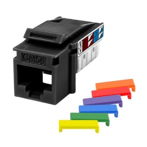 KEYSTONE JACK CAT5E UTP 90DEG BLACK/110 STYLE/DUST COVER/IDC CAP/UL/6-COLOR SNAP-ON ID BARS INCL
