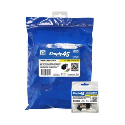 KEYSTONE JACK CAT5E UTP 90DEG BLACK/110 STYLE/DUST COVER/IDC CAP/UL/6-COLOR SNAP-ON ID BARS-25PK