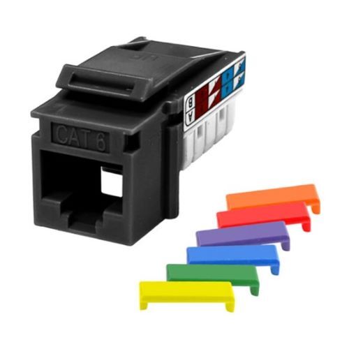 KEYSTONE JACK CAT6 UTP 90DEG BLACK 110 STYLE/DUST COVER/IDC CAP/UL LISTED/W/6-COLOR SNAP-ON ID BARS