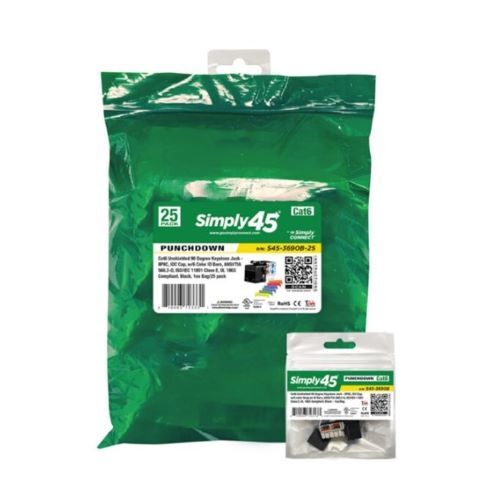 KEYSTONE JACK CAT6 UTP 90DEG BLACK 110 STYLE/DUST COVER/IDC CAP/UL/W/6-COLOR SNAP-ON ID BARS-25PK