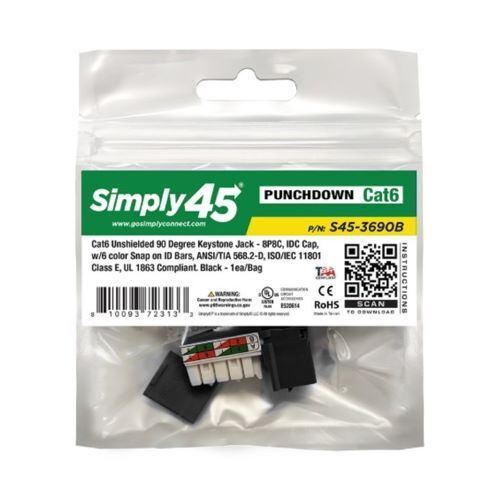 KEYSTONE JACK CAT6 UTP 90DEG BLACK 110 STYLE/DUST COVER/IDC CAP/UL/W/6-COLOR SNAP-ON ID BARS-25PK