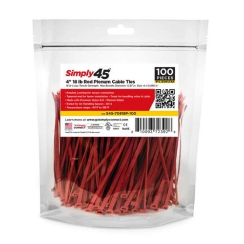 CABLE TIE 4" 18LB UV RED PLENUM - 100PC BAG