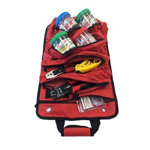 TOOL BAG HEAVY DUTY ROLL UP TOOL BAG / 5 ZIPPERED POUCHES BLACK AND RED