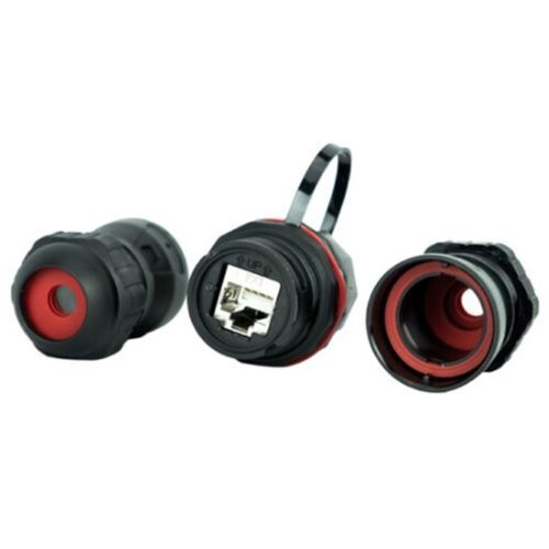 COUPLER WATERPROOF IP68/10G SHIELDED/DBL FEMALE RJ45 FOR IN-LINE SPLICE OR PANEL MNT WITH CAP-BLACK