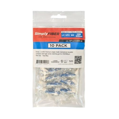CONNECTOR LC/UPC SINGLE-MODE CONNECTOR W/HIGH CLARITY MATCHING GEL 250/900?M FIBER BLUE 10PK