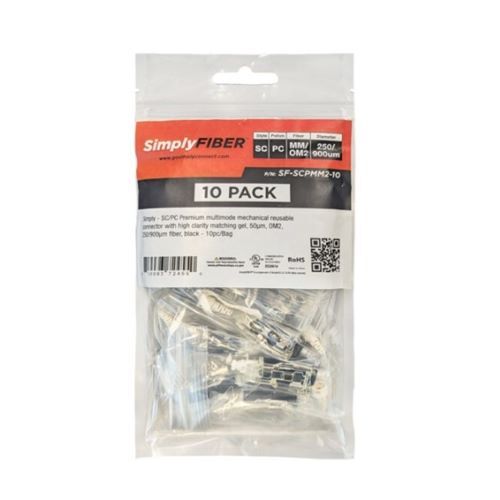 CONNECTOR SC/PC MULTIMODE W/HIGH CLARITY MATCHING GEL 50?M OM2 250/900?M FIBER BLACK 10PK