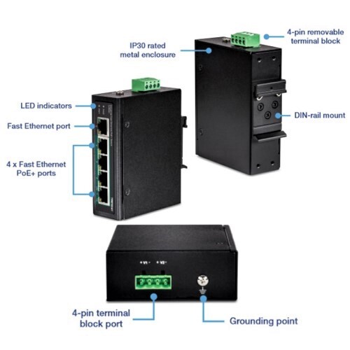 SWITCH 5-PORT INDUSTRIAL FAST ETHERNET POE+ DIN-RAIL