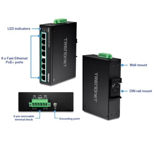 SWITCH 8-PORT INDUSTRIAL FAST ETHERNET POE+ DIN-RAIL