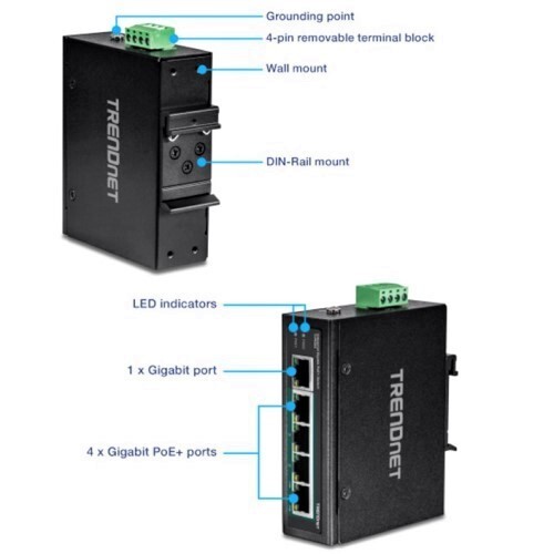 SWITCH 5-PORT INDUSTRIAL GIGABIT POE + DIN-RAIL