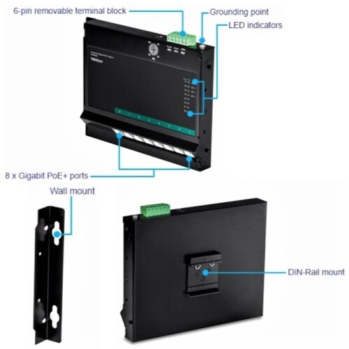 SWITCH 8-PORT INDUSTRIAL GIGABIT POE+ WALL-MOUNTED FRONT ACCESS