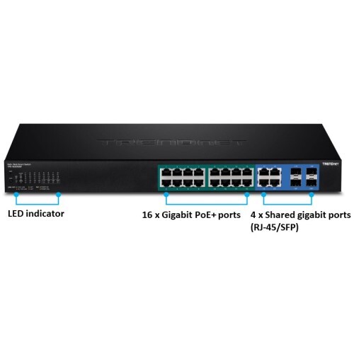 SWITCH 20-PORT GIGABIT WEB SMART POE+ SWITCH W/ 2 SHARED SFP SLOTS  (16 POE+, 2SFP) (370W)