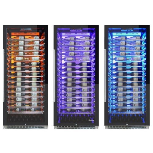 WINE COOLER 188 BOTTLES BLACK BODY, STAINLESS STEEL DOOR SINGLE-ZONE, 3 COLOR BACKLIT LIGHTING