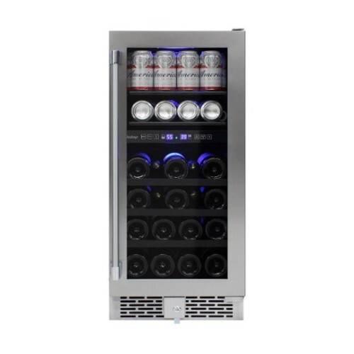 WINE COOLER 15" GLASS STAINLESS FRAME OUTDOOR DUAL ZONE REVERSIBLE DOOR SAFETY LOCK