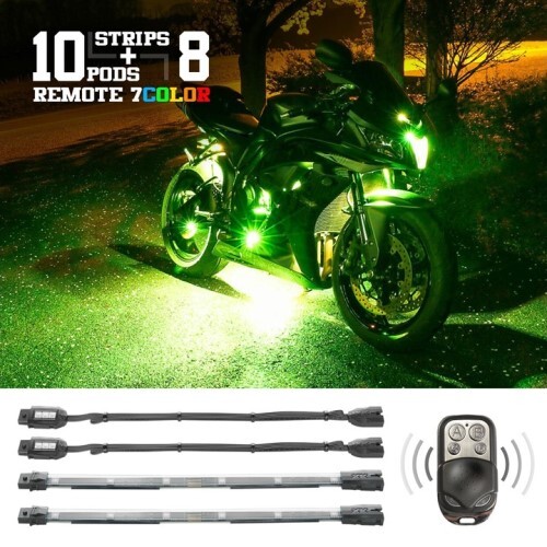 MOTORCYCLE/ATV/SNOWMOBILE KIT 10XCOMPACT PODS + 8X10" FLEX STRIPS 7 COLOR REMOTE CONTROL LED ACCENT