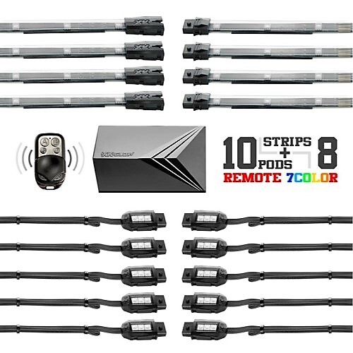 MOTORCYCLE/ATV/SNOWMOBILE KIT 10XCOMPACT PODS + 8X10" FLEX STRIPS 7 COLOR REMOTE CONTROL LED ACCENT
