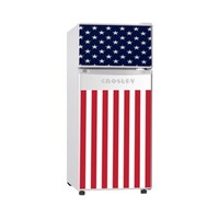 REFRIGERATOR 4.2 CF WHITE AMERICAN TRIBUTE STYLIZED AMERICAN FLAG DOOR ESTAR 2-DOOR GLASS SHELVES