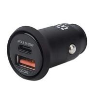 CHARGER 12V CAR TO USB-C POWER DELIVERY PORT TO 25 W USB-A QC 3.0 CHARGING PORT UP TO 18 W BLACK