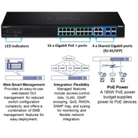 SWITCH 16-PORT GIGABIT WEB SMART POE+  W/ 2 SHARED MINI-GBIC SLOTS  (16 POE+, 2SFP)