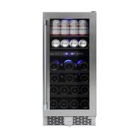 WINE COOLER 15" GLASS STAINLESS FRAME OUTDOOR DUAL ZONE REVERSIBLE DOOR SAFETY LOCK